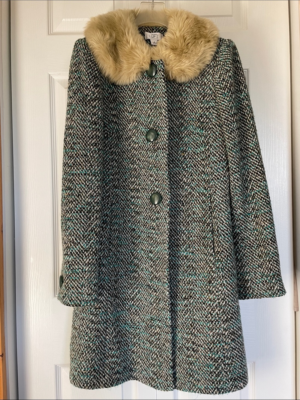 LOFT Teal and Black Tweed Coat with Faux Fur Collar
